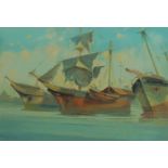 European School, mid-20th century- Fishing boats moored in a tranquil Mediterranean harbour; oil