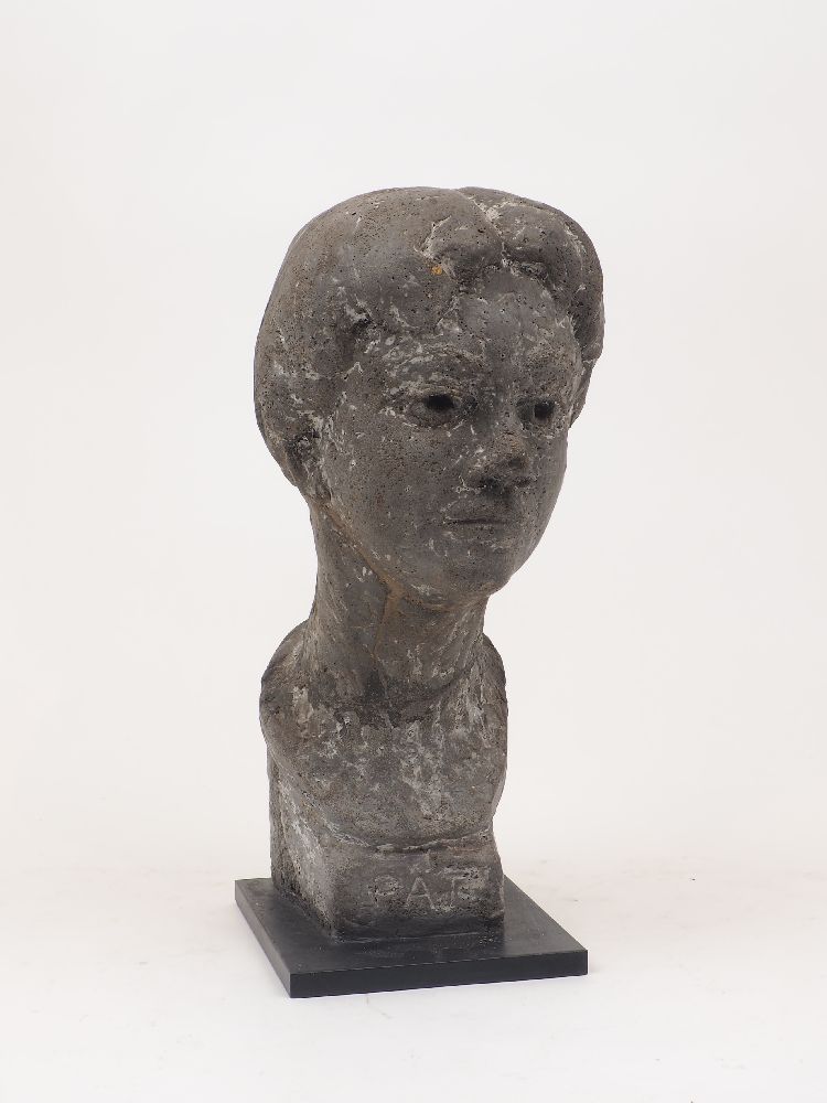 A carved grey stone bust of a lady, titled 'PAT' to the front, signed 'HART' to the lower back, on