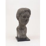 A carved grey stone bust of a lady, titled 'PAT' to the front, signed 'HART' to the lower back, on