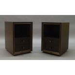 A pair of contemporary stained wood and brass bedside tables, of recent manufacture, with open shelf