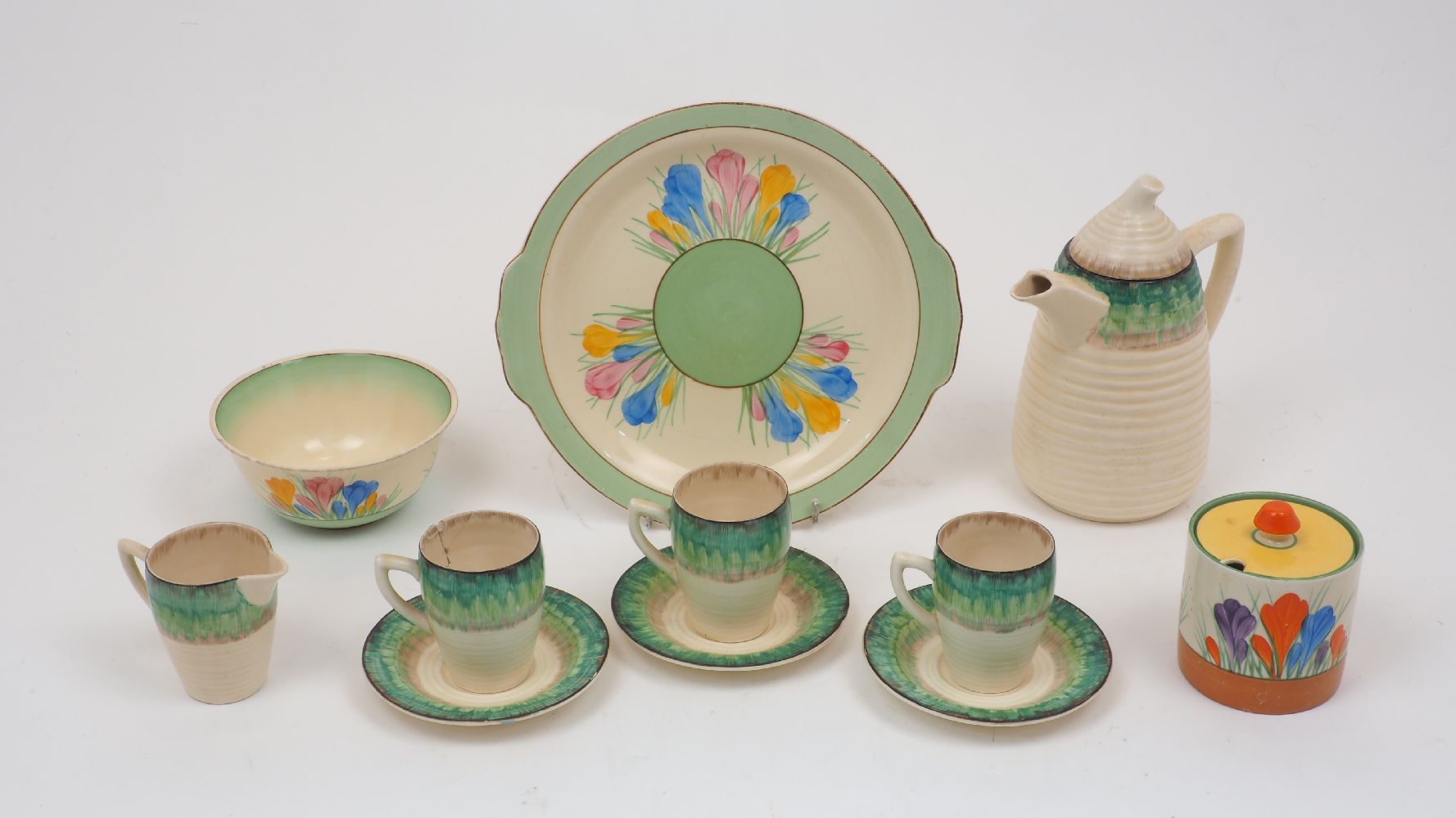 Clarice Cliff (1899-1972), a part coffee service in the Bizarre Blue Aura pattern, Wilkinson and