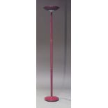 A modern maroon lacquered uplighter, c.1980, the dish shaped shade on cylindrical stem on circular