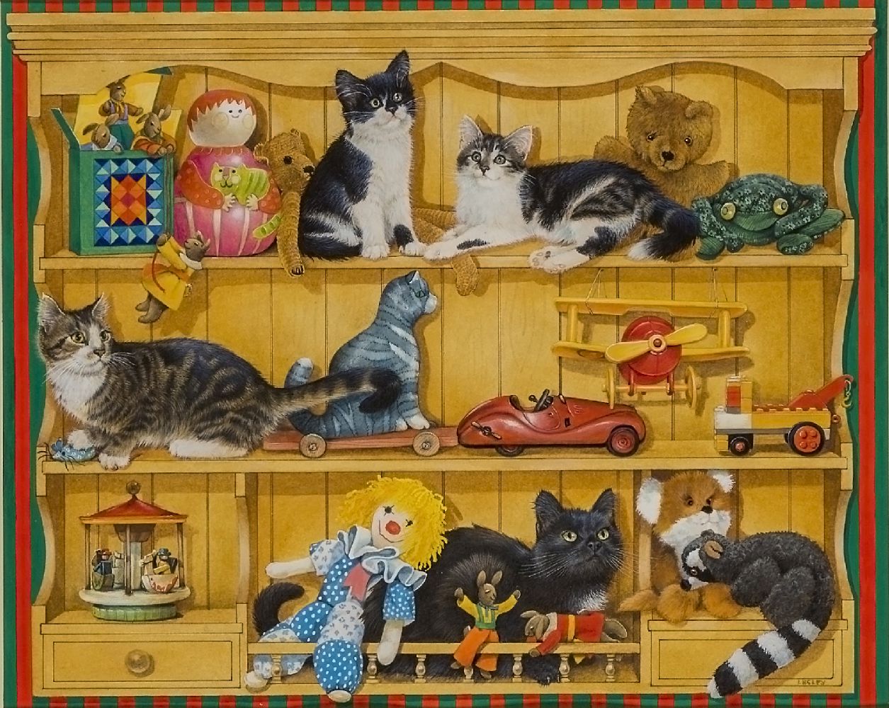 Lesley Anne Ivory, British b.1934 - Cat amongst the Toys; gouache on paper, signed lower right '