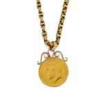 A George V gold sovereign pendant necklace,1914, the double scroll surmount to a fancy belcher