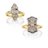 Two French Art Deco diamond cluster rings, one a rectangular panel set in the centre with a single