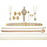 A group of jewellery, comprising: a 9ct gold curb link bracelet with padlock clasp, 24.8g; a pair of