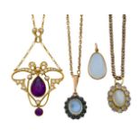 An Art Nouveau gold, amethyst and half-pearl necklace and three moonstone pendants, the first with