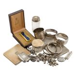 A group of silver items, costume jewellery and objects including: a rolled gold gas lighter by