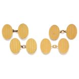 Two pairs of 18ct gold cufflinks, each of oval link with linear detail, chain link connections,