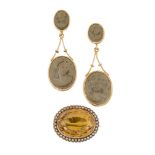 A pair of 19th century gold mounted lava cameo earrings and a 19th century gold, citrine and half-