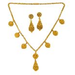 A 19th century gold filigree necklace and earrings, the necklace of reeded belcher-link design,