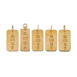 A group of five 9ct gold ingot bar pendants, each pierced with ring suspension, London hallmarks,