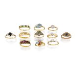 Eleven various rings, comprising: an old brilliant-cut diamond flowerhead cluster; an 18ct gold,