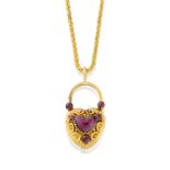 A Victorian gold, garnet heart-shaped locket pendant, and neckchain, the hinged locket set with a