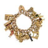 A charm bracelet, the late 19th / early 20th century partially engraved gold curb link bracelet