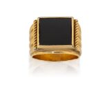 A French gold and onyx signet ring, the square-shaped black onyx bezel with ropework and fluted