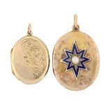 Two gold oval locket pendants, the first late 19th century, the front with applied star, the half-