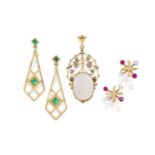 A small group of jewellery, comprising: a pair of emerald earrings, the openwork kite shaped drops