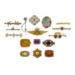 A group of sixteen various brooches, comprising: a late 19th / early 20th century gold and turquoise