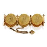 A facsimile gold coin bracelet, composed of five medallions each depicting the portrait of Naser