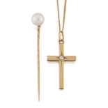 A 9ct gold and diamond cross pendant and a cultured pearl stick pin, the pendant designed with a