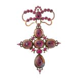 A late 18th century Iberian gold and foiled garnet cross pendant, of pendeloque form, the cross