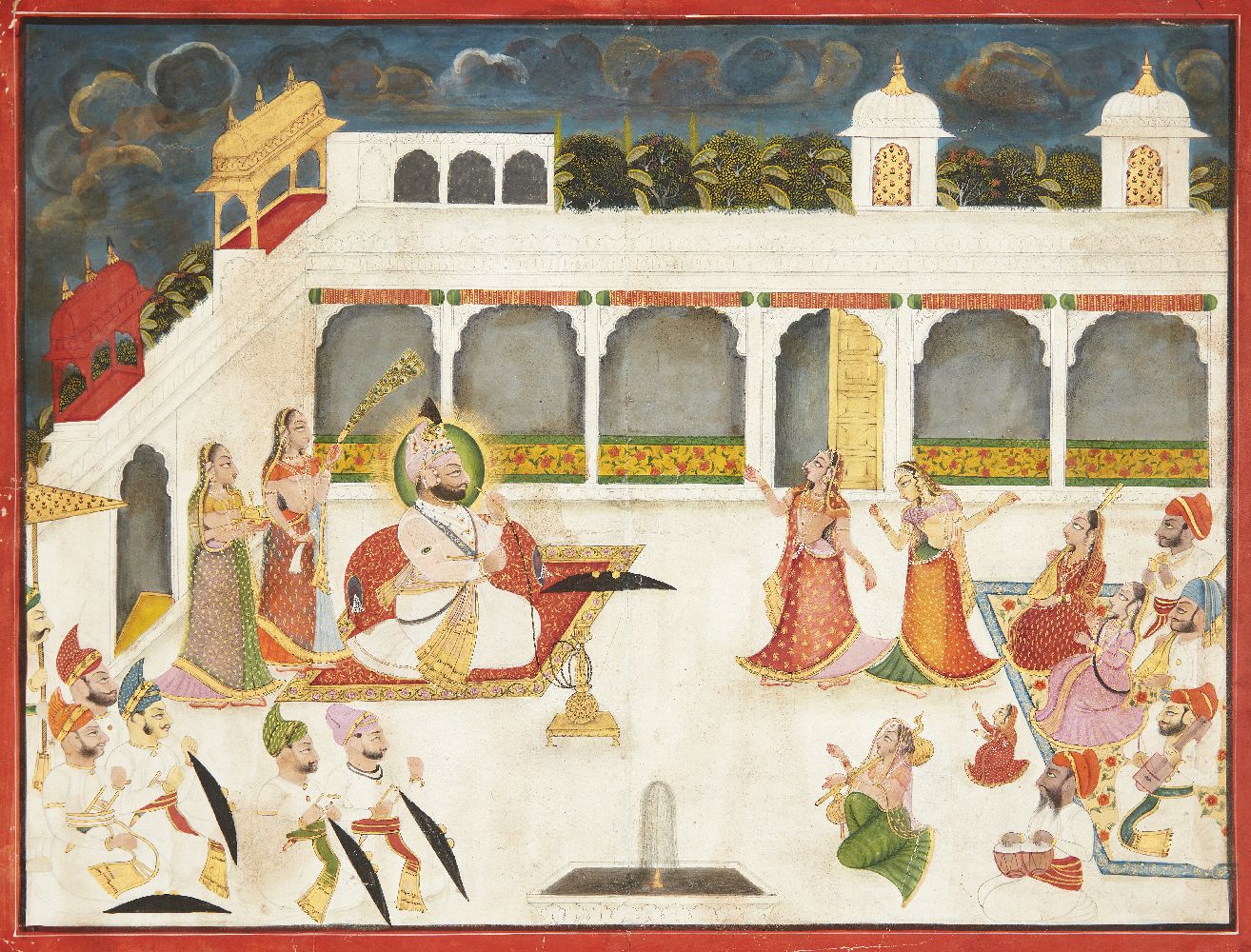 A large scene of a ruler smoking inside the palace with musicians, and attendants, Mewar, India,