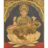 A Tanjore painting, South India, 20th century, of a seated deity with sitar, 38 x 29cm. and