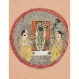 Srinathji with two priests, Nathdwara, circa 1800, opaque pigments on paper heightened with