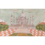 A tinted lithograph of the Taj Mahal, Agra, 19th century, with Persian quatrains above, printed by