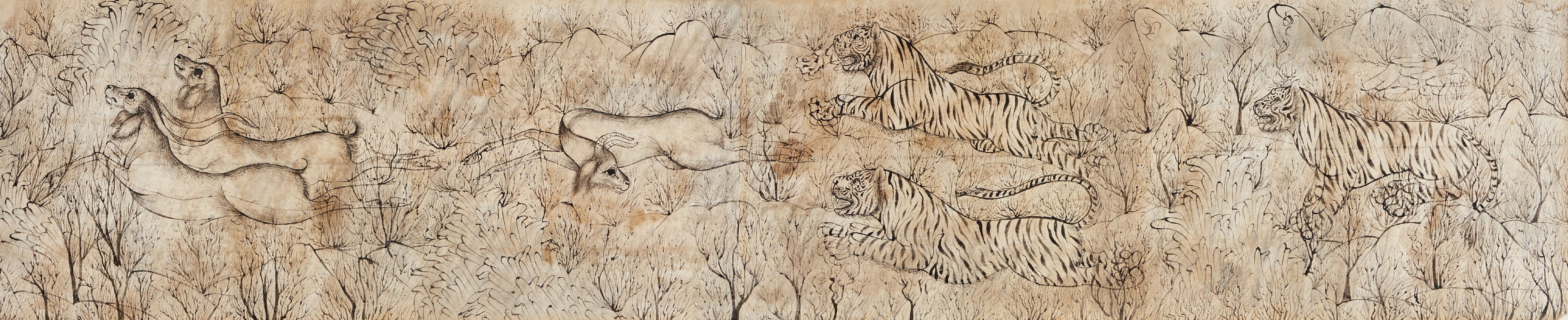 A Kotah drawing of a hunt scene in two sections, Kotah, India, 18th century, ink on paper, depicting
