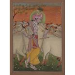A modern painting of Krishna and the cows, India, 20th century, opaque pigments heightened with gold