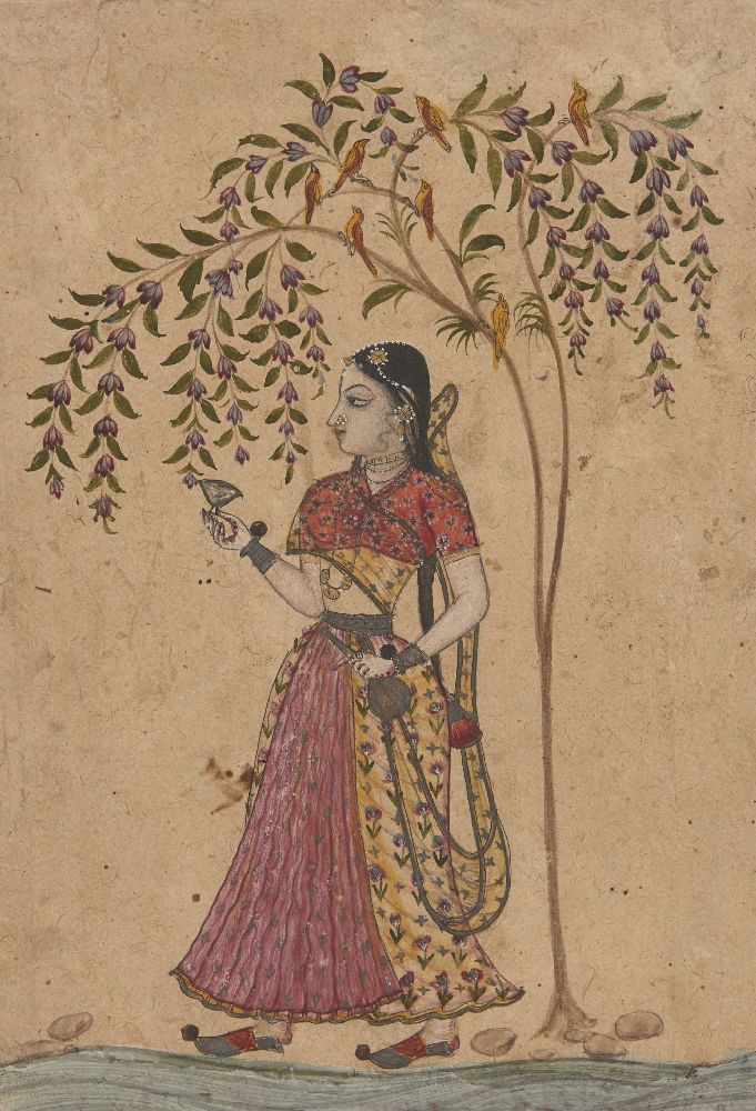 Girl holding a Wine Cup and Bottle standing under a Tree, North Deccan, possibly Maratha, India,