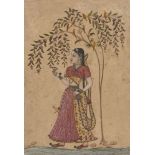 Girl holding a Wine Cup and Bottle standing under a Tree, North Deccan, possibly Maratha, India,