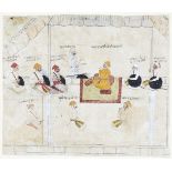 A drawing of the durbar with seated figures identified in Devanagari script, Mewar, India, late 18th