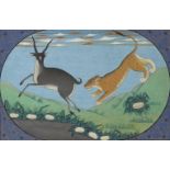 A tiger hunting an antelope, Kangra, Punjab Hills, 20th century, opaque pigments on paper, within an