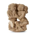 A carved sandstone fragment of a couple, possibly Satavahana, India, the woman playfully tugging her