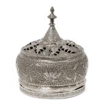 A lidded silver sweet dish, North India, early 20th century, formed of two parts, the upper domed