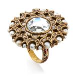 A gold mirror ring, India, 19th century, of floral shape inlaid with mirror and diamonds, the