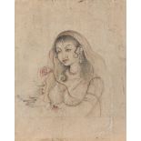 A drawing of a Courtesan, Rajasthan, India, late 19th century, the bejewelled lady depicted with