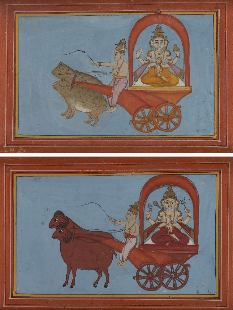 Two small Hindu illustrations of a statue of Shiva being driven in a chariot, Rajasthan. early