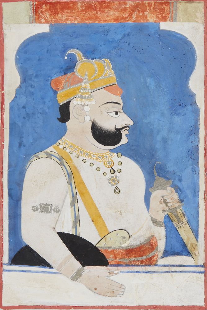 A portrait of ruler Raj Singh of Sawar, Sawar, circa 1730, opaque pigments on paper, shown at a