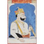 A portrait of ruler Raj Singh of Sawar, Sawar, circa 1730, opaque pigments on paper, shown at a