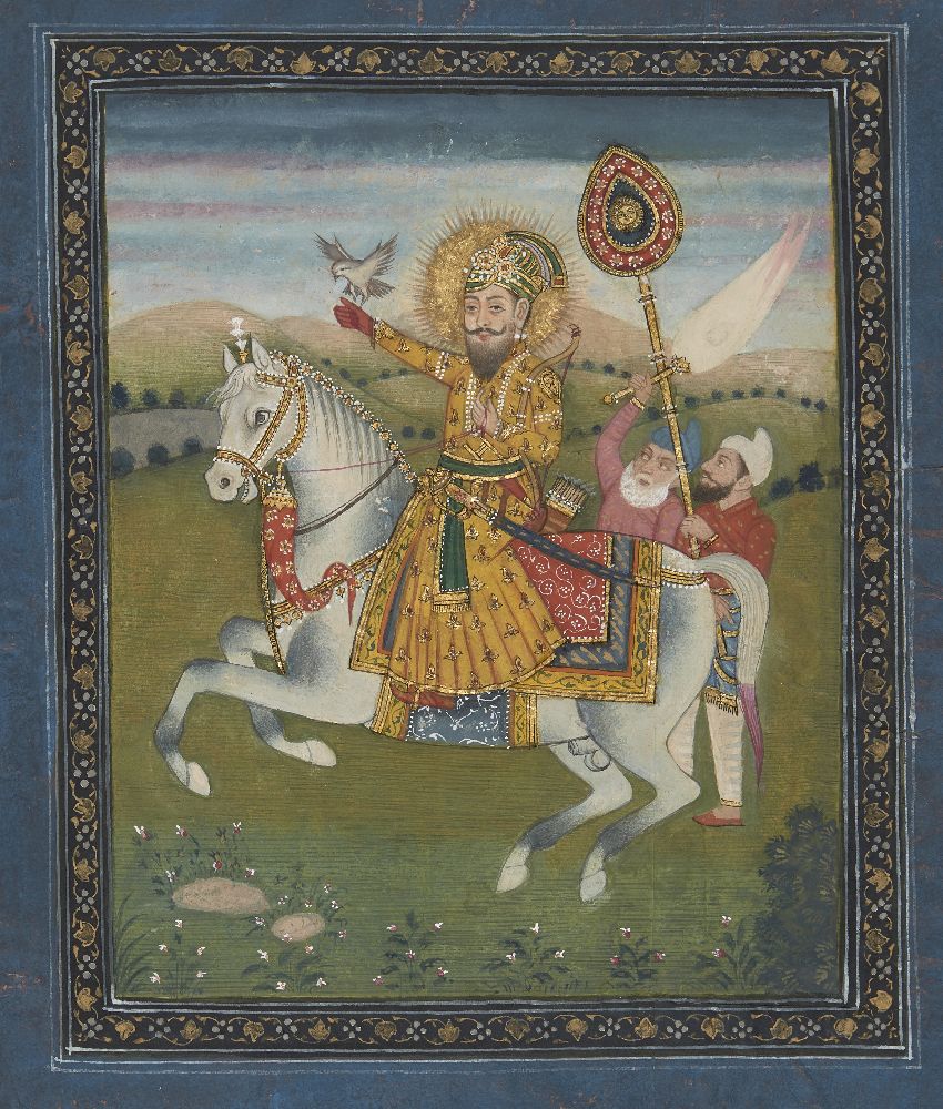 A large folio from a dispersed Janamsakhi manuscript depicting Guru Gobind Singh on horseback, - Image 2 of 3