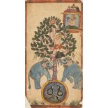 Elephants shaking a man from a tree, India, 19th century, opaque pigments on paper, the man reaching