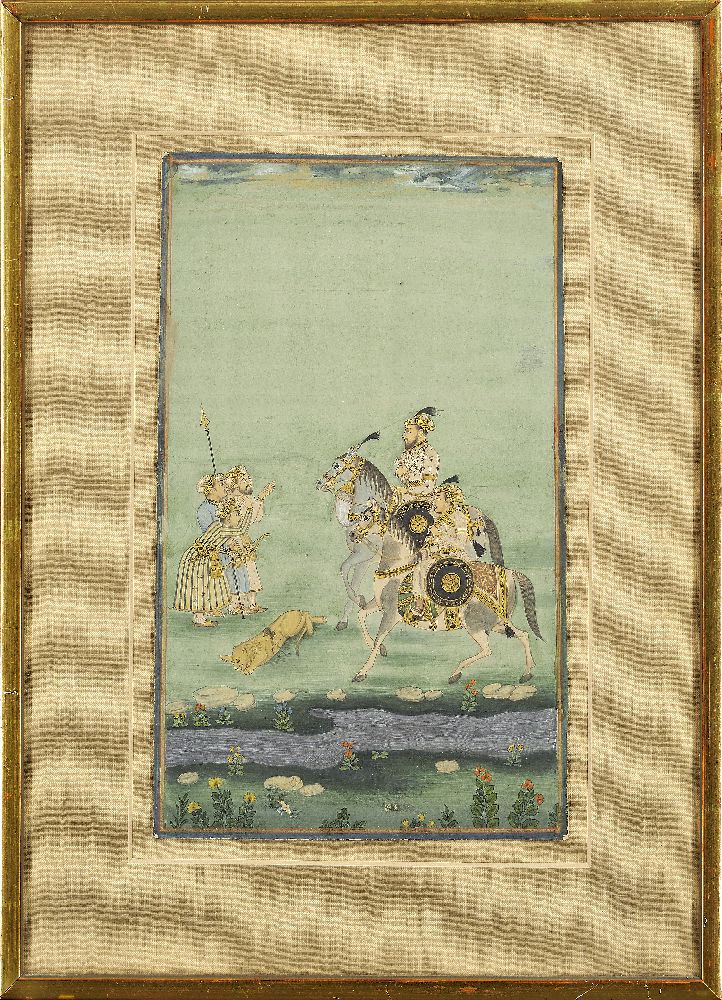 A lion hunt, North India, late 19th century, opaque pigments on paper heightened with gilt, the - Image 2 of 2
