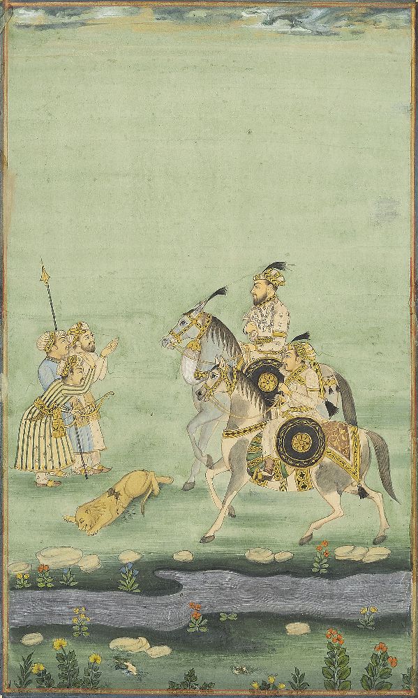 A lion hunt, North India, late 19th century, opaque pigments on paper heightened with gilt, the