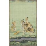 A lion hunt, North India, late 19th century, opaque pigments on paper heightened with gilt, the