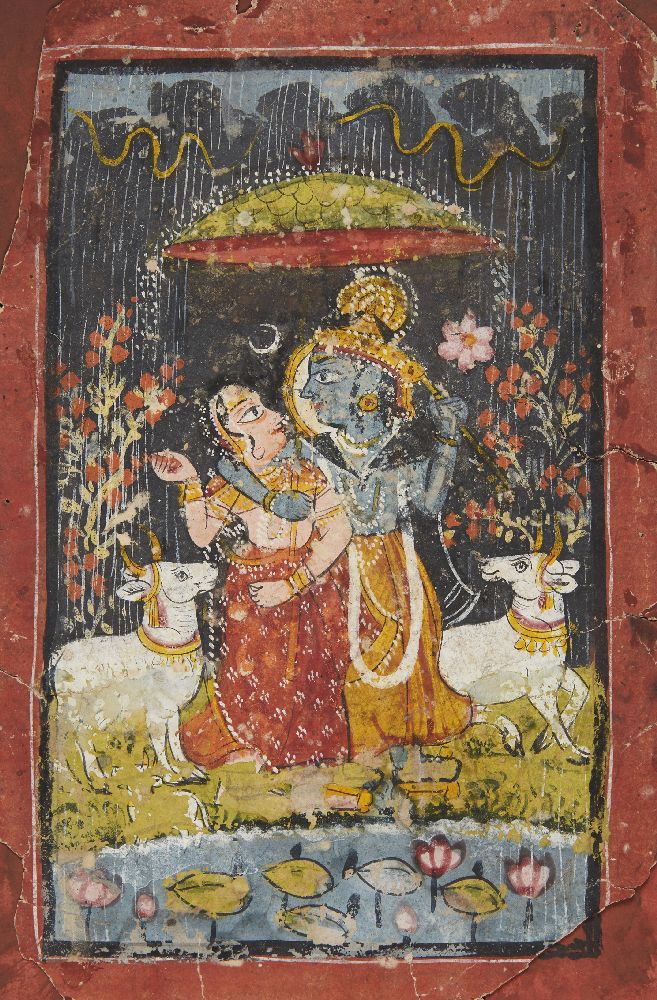 Krishna and Radha dancing in the rain with cows, Rajasthan, circa 1800, opaque pigments on paper,