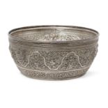 A Malaysian silver bowl, 19th century, of deep form, decorated to exterior with a series of